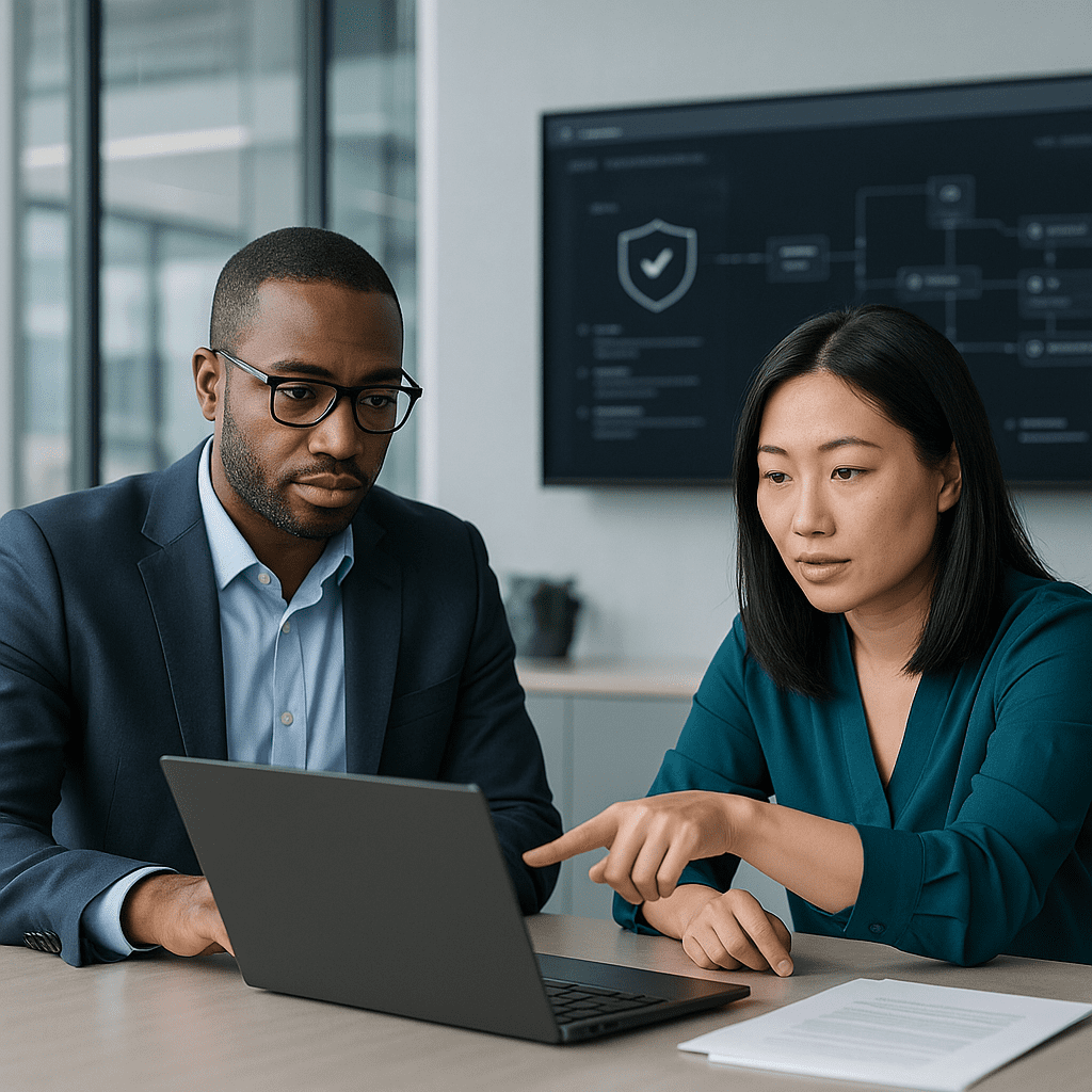 Professional discusses AI-driven risk scoring with data dashboard