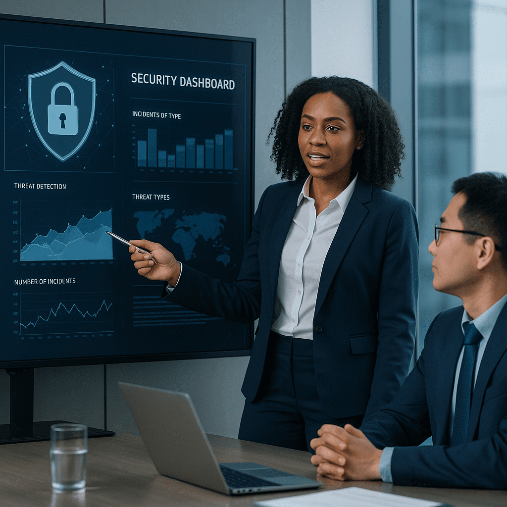 SOC analyst monitoring cybersecurity threats in high-tech office setting