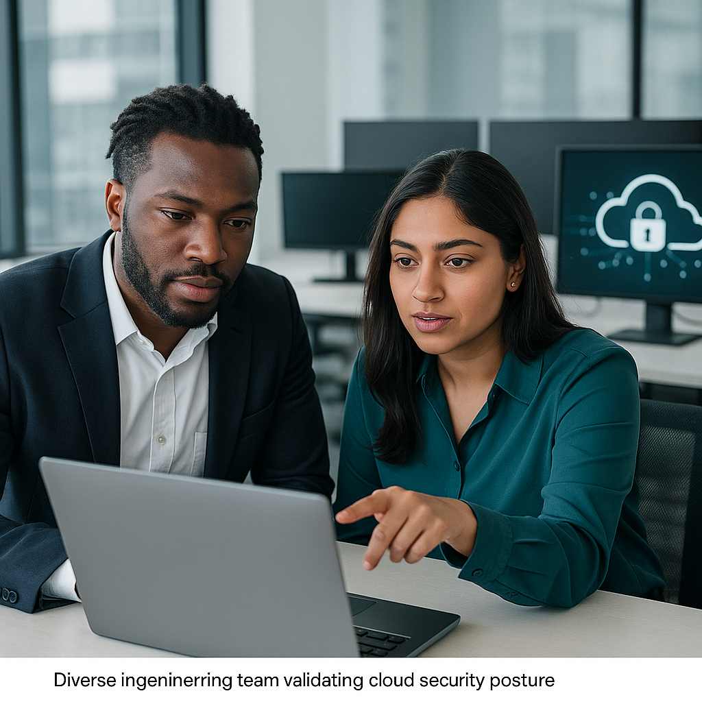 Diverse engineers validating 5G cloud security in modern office