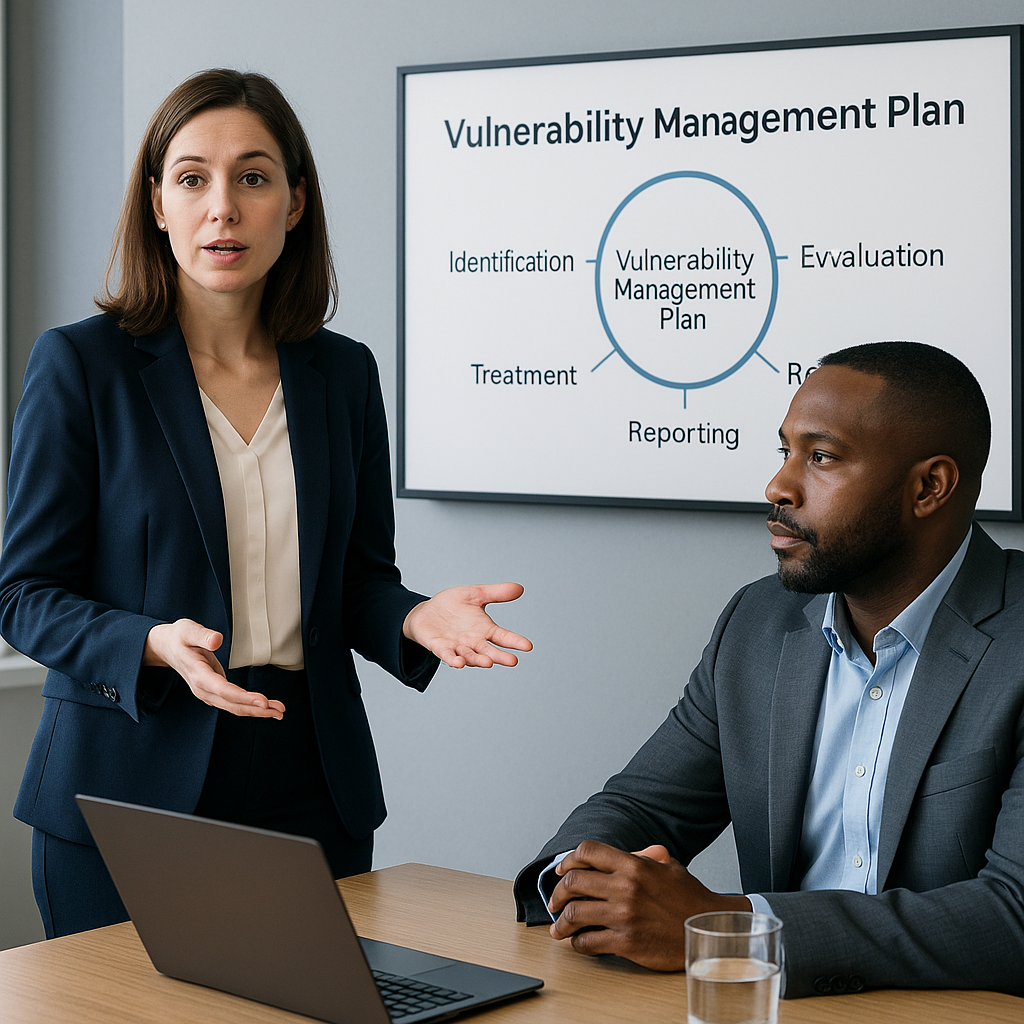 Female project lead presenting vulnerability plan in boardroom