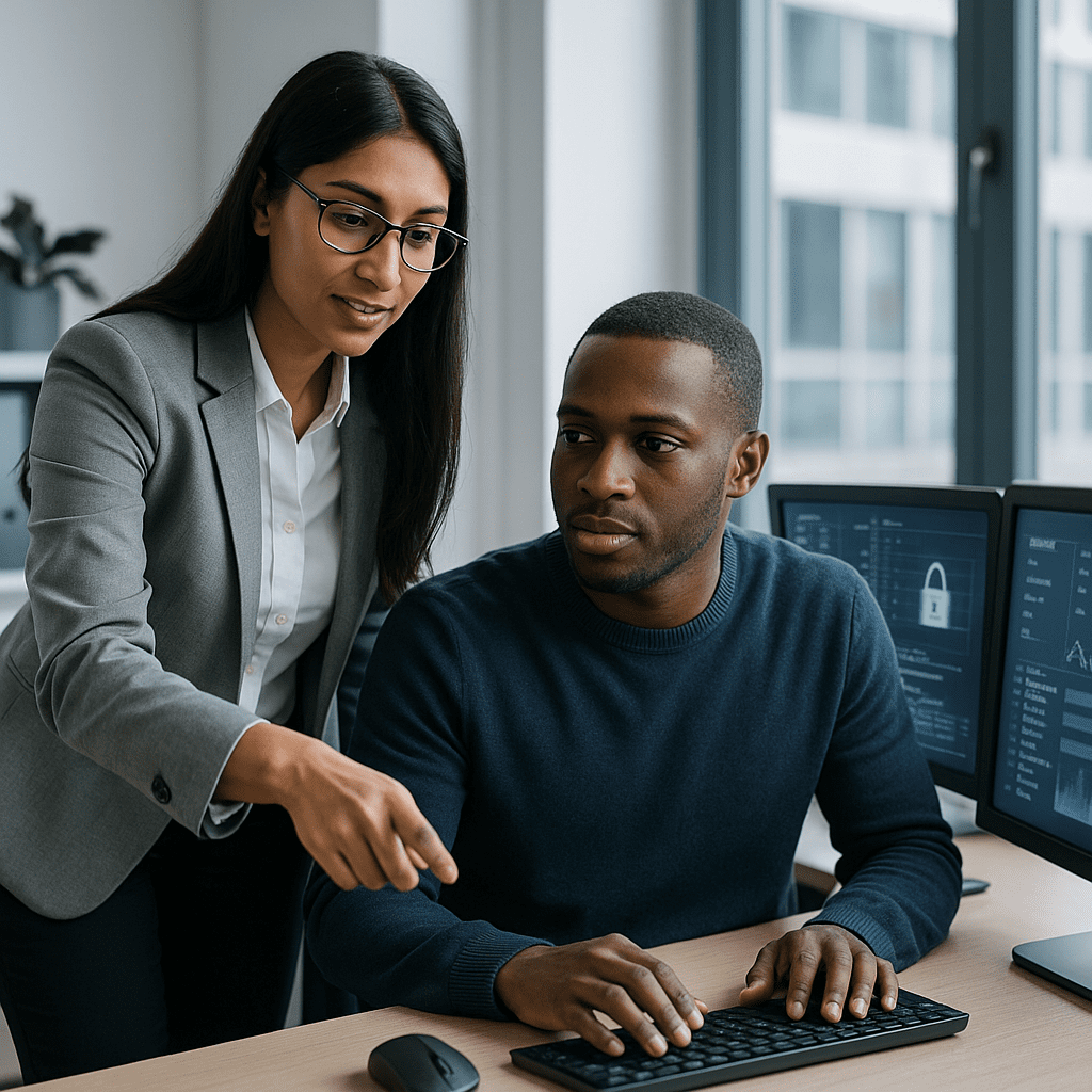 Female tech lead mentoring cybersecurity analysts in modern office
