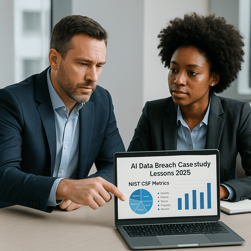 Cybersecurity manager reviews NIST metrics in boardroom setting