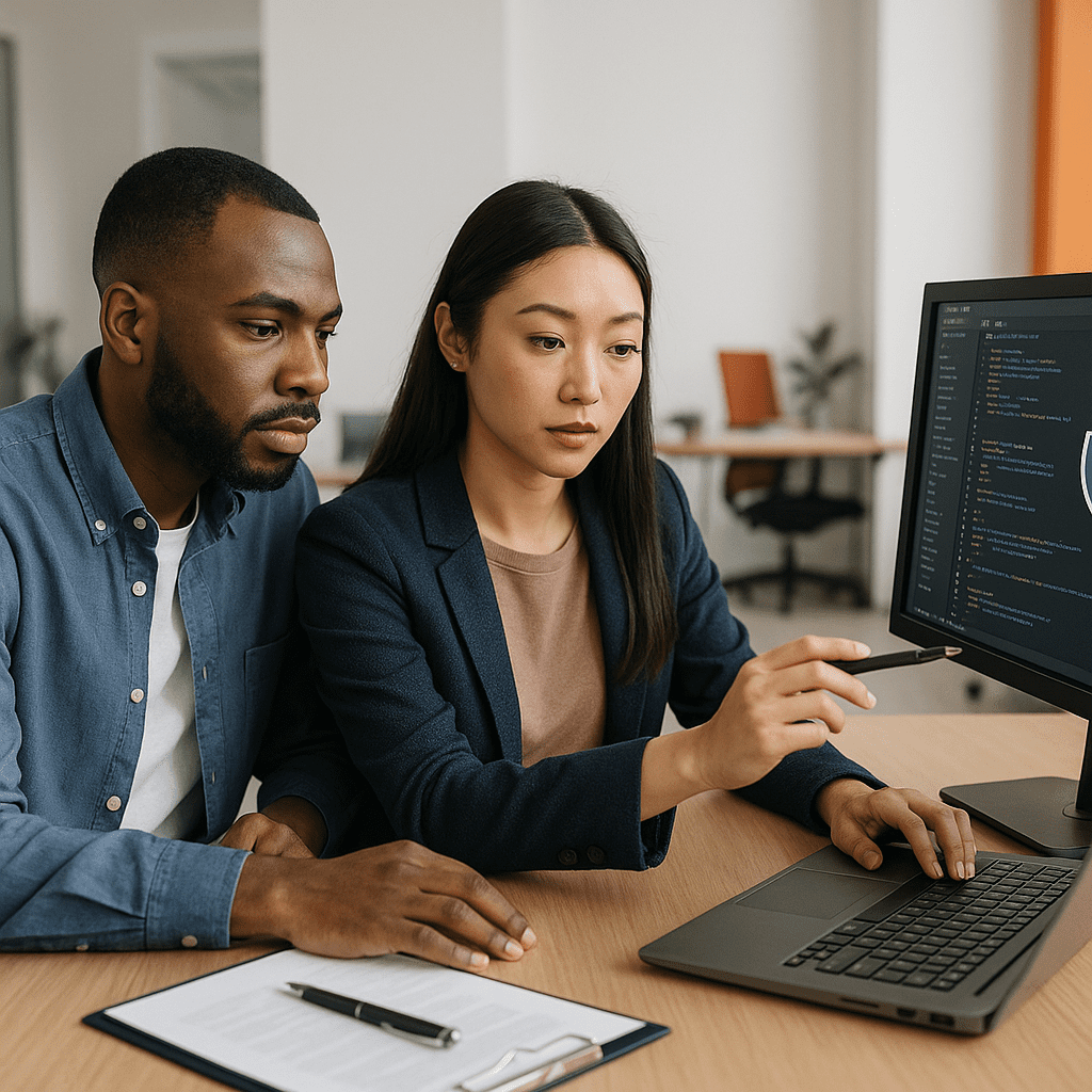 Professional image illustrating AI security chatbot with virtual warning symbols