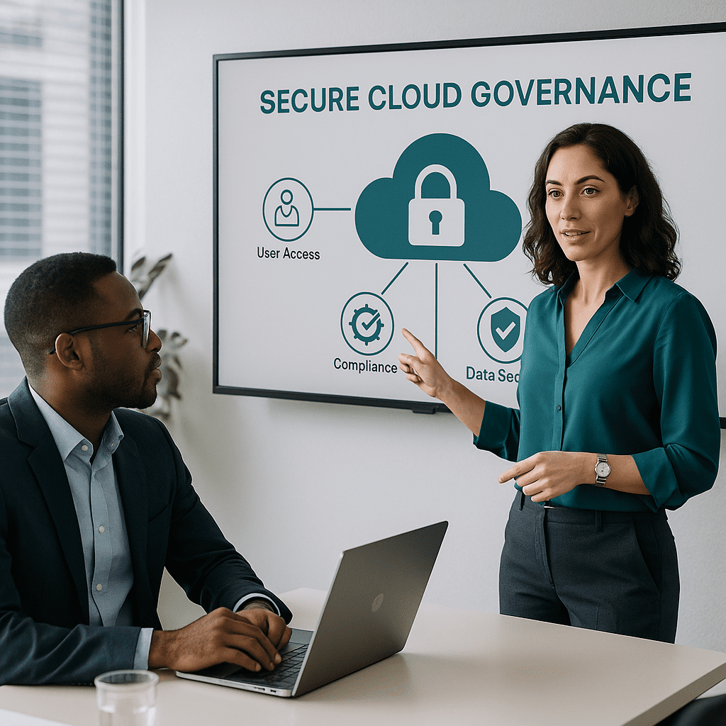 Female architect in conference room demonstrating secure cloud governance