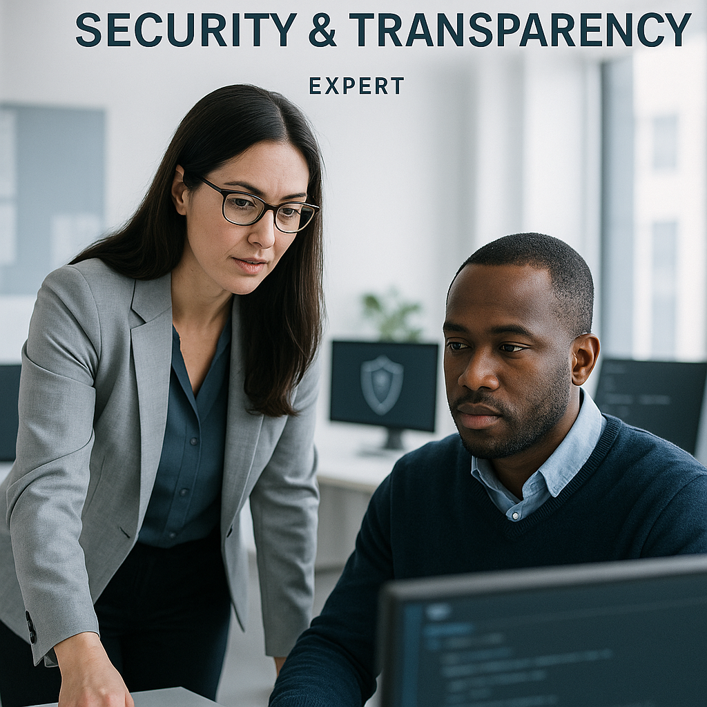 Female tech lead mentoring security analysts in modern office
