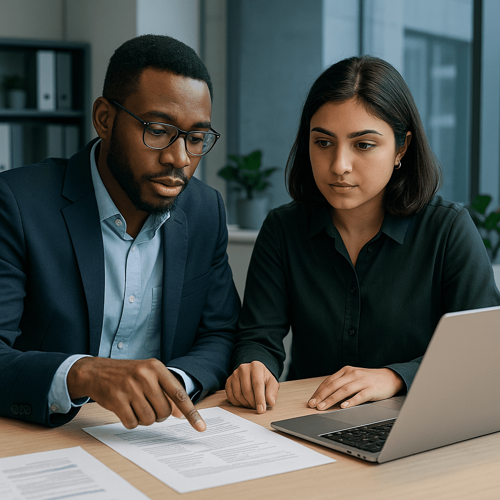 Business professionals testing post-quantum VPN solutions at modern workspace