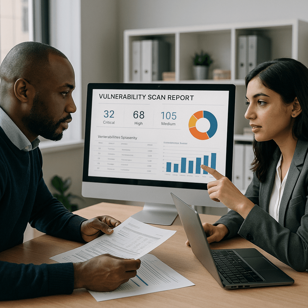 Professional creating cybersecurity portfolio on laptop in office