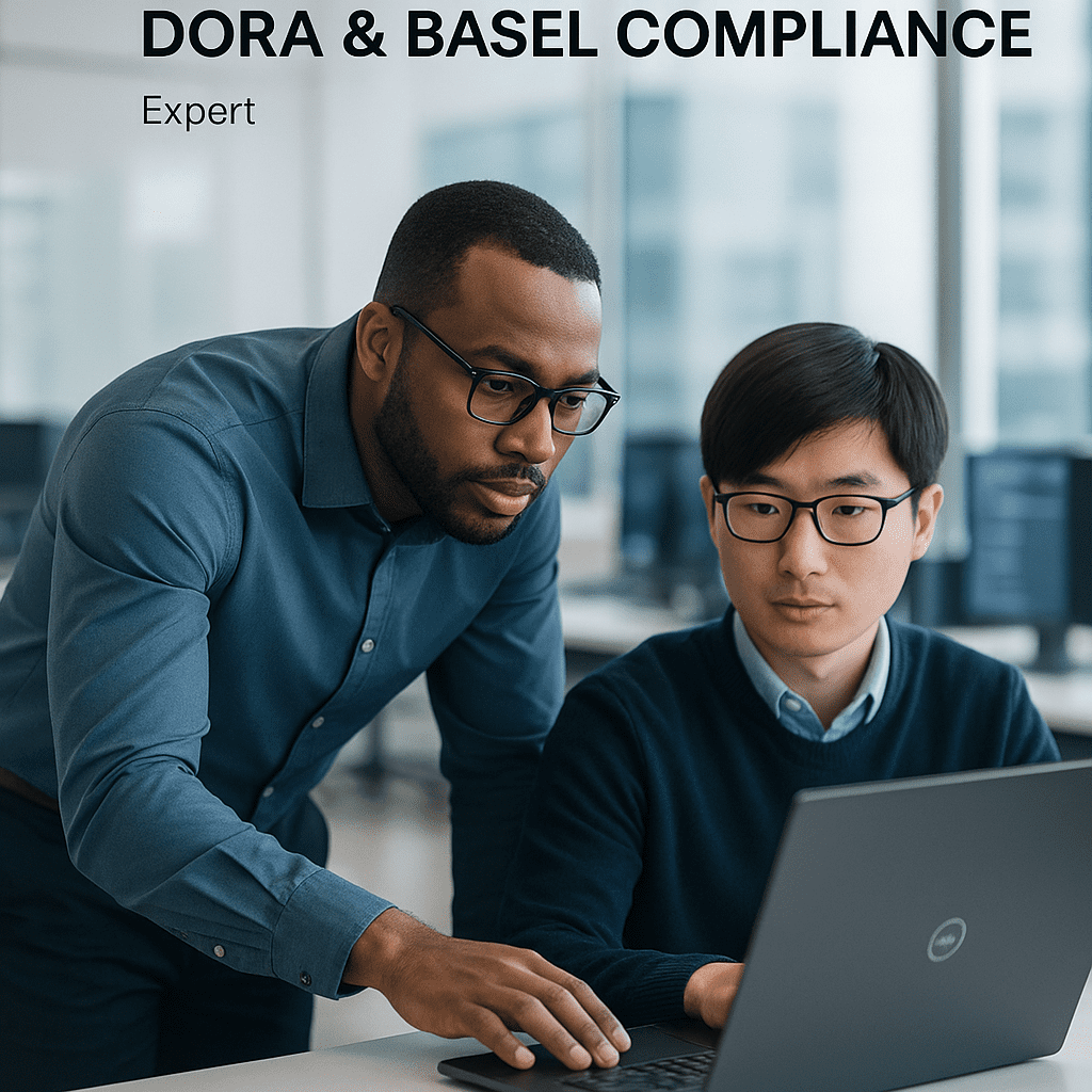 Two engineers reviewing web application security in modern IT office