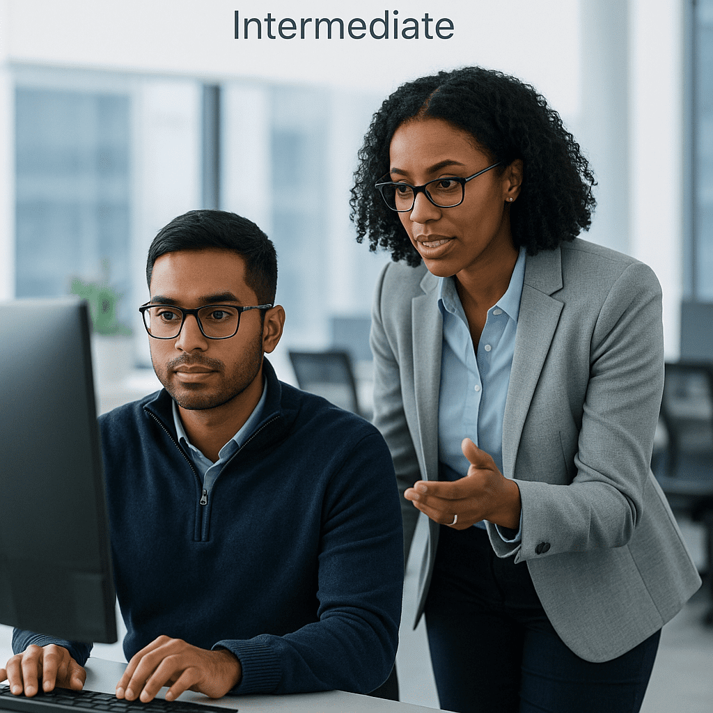 Female tech lead mentoring security analysts in office setting