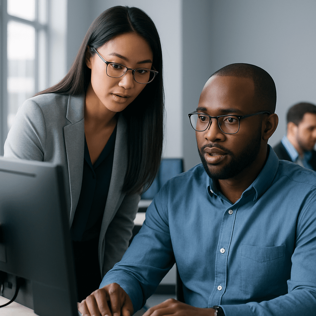 Female tech lead mentoring security analysts in modern office