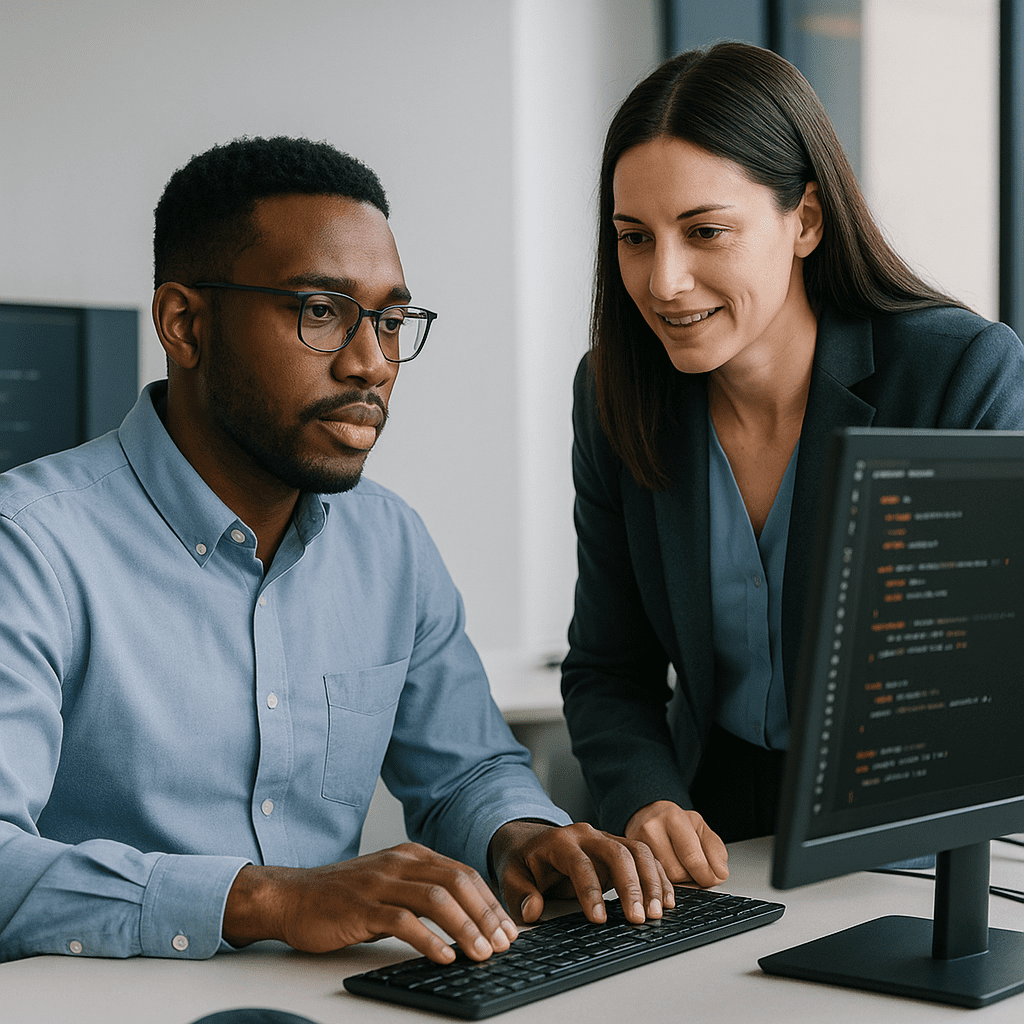 Engineers reviewing secure coding in modern developer workspace