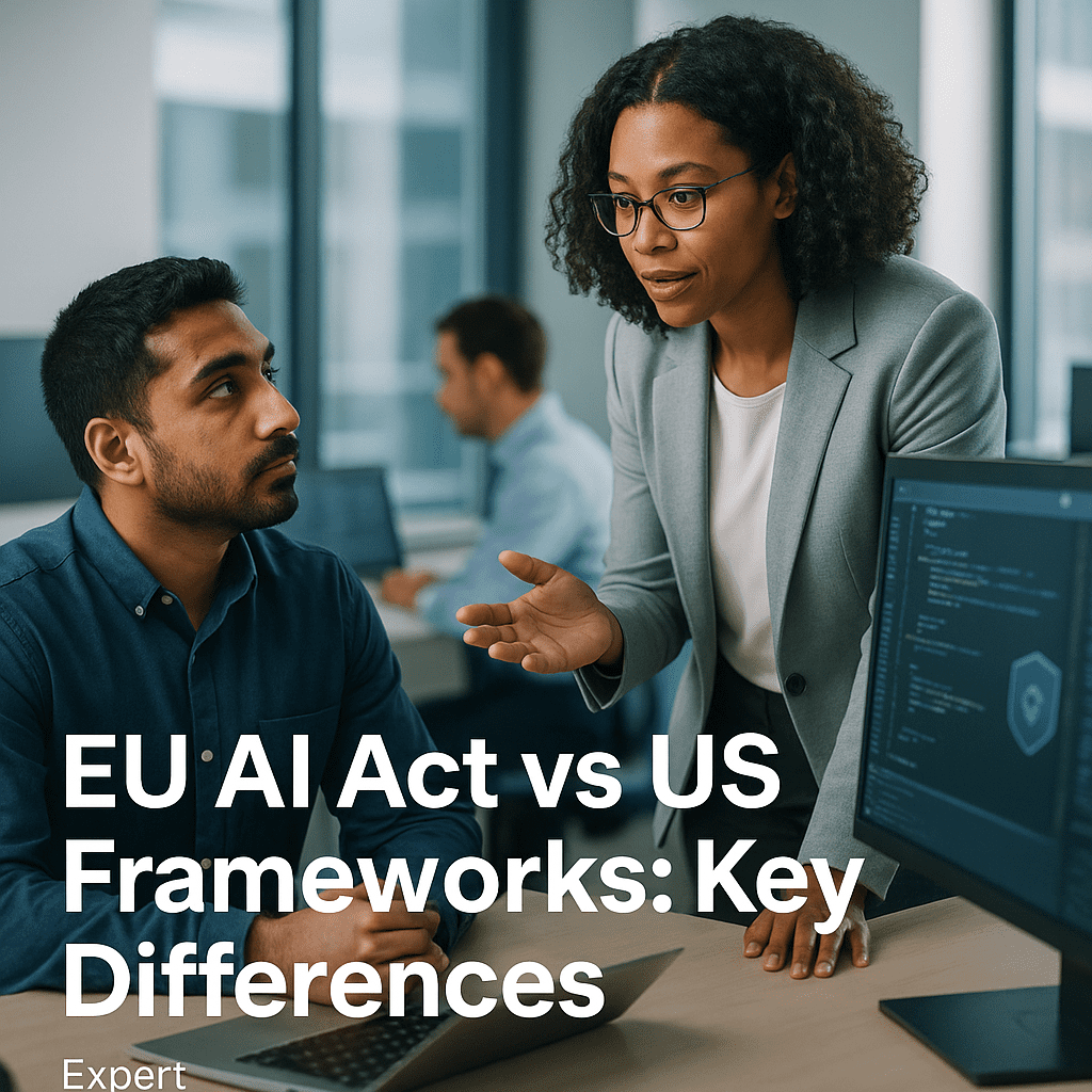 Female tech lead mentoring security analysts in modern office