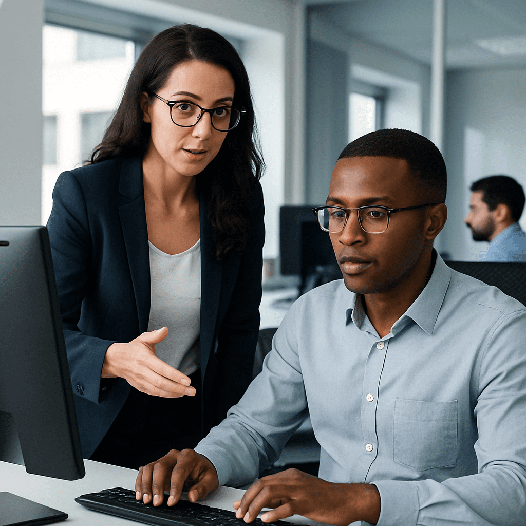 Female tech lead mentoring security analysts in modern office