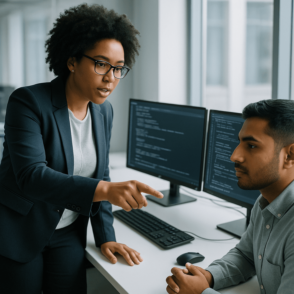 Female tech lead guides security analysts in modern office