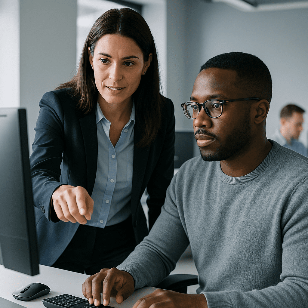 Female tech lead mentoring security analysts in modern office