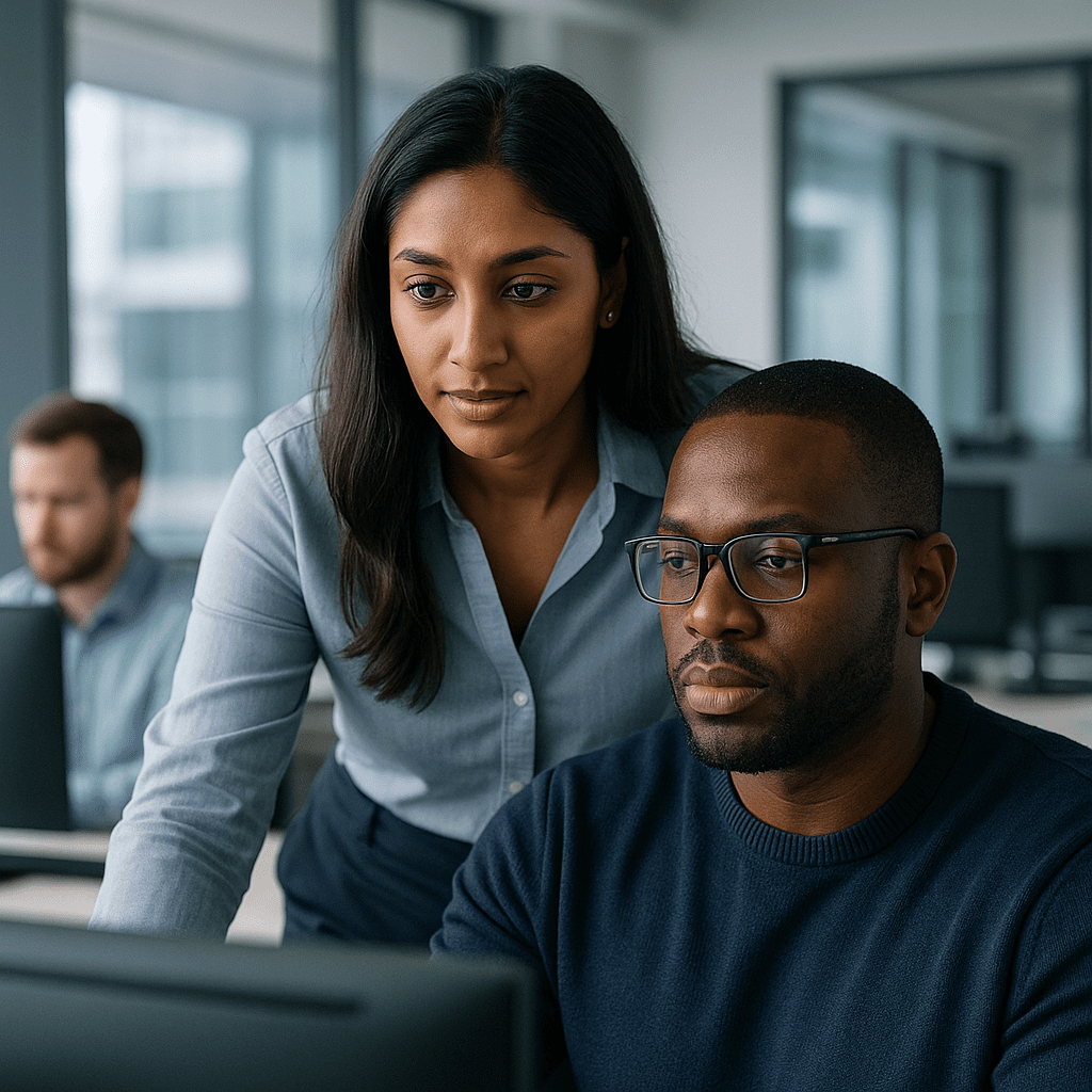 Female tech lead mentoring security analysts in modern office