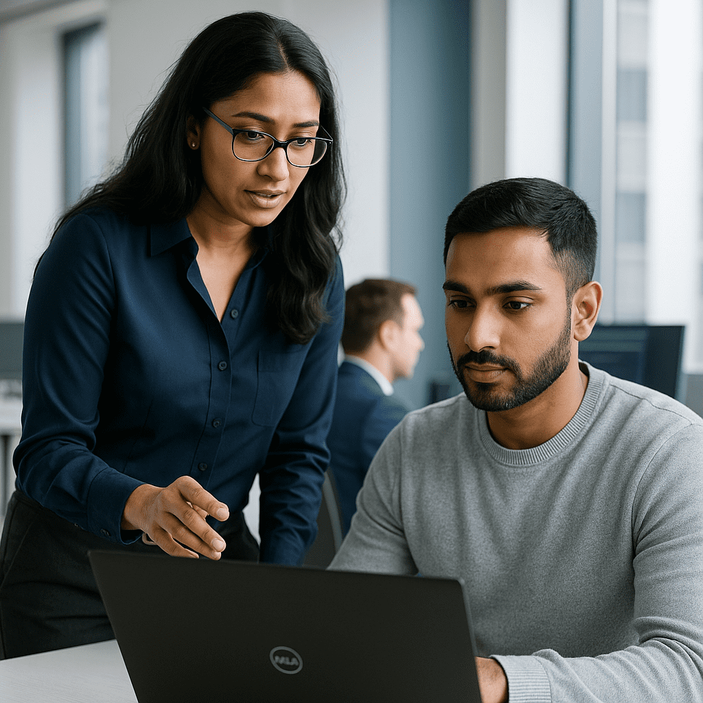 Female tech lead mentoring security analysts in bright office