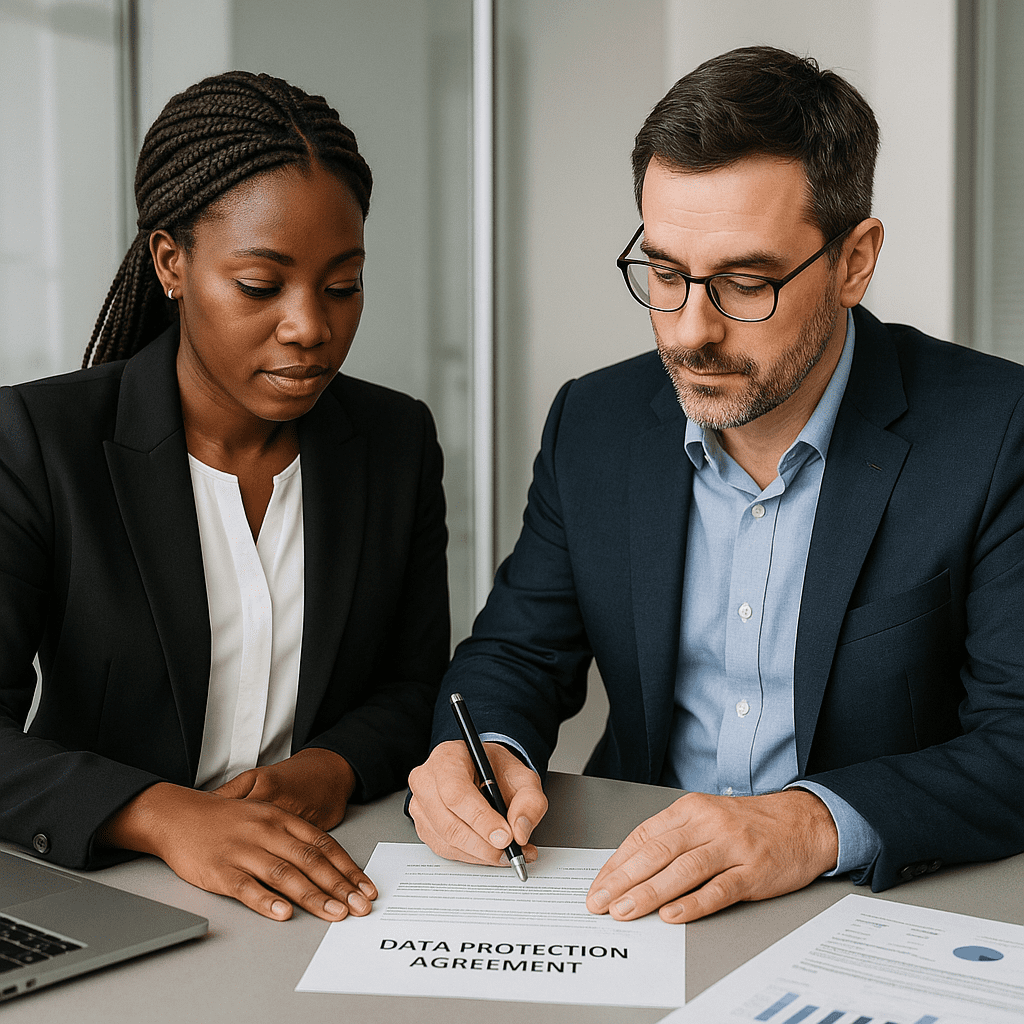 Two consultants reviewing data protection agreement in office