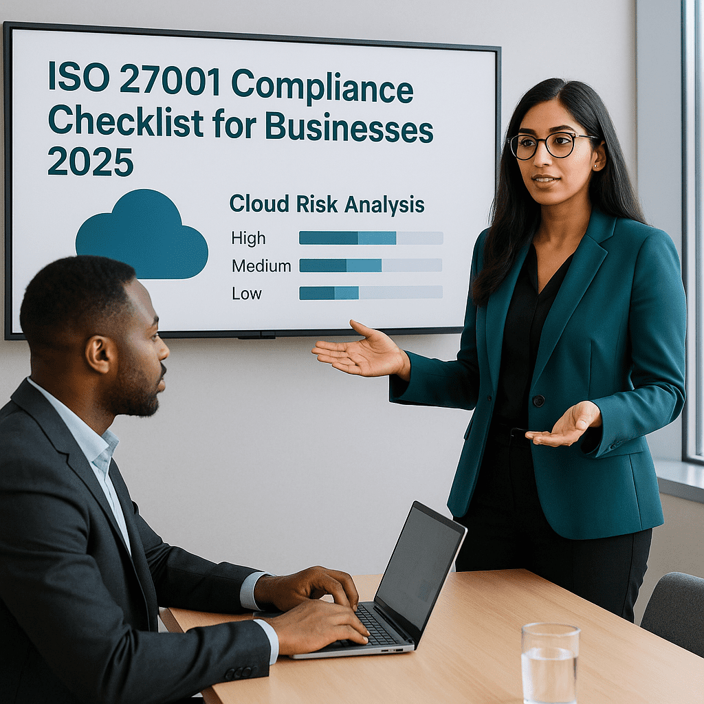 Female IT director presents cloud risk analysis in modern meeting room