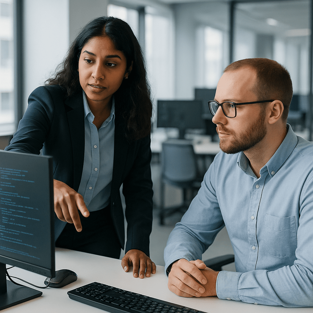 Female tech lead mentoring cybersecurity analysts in modern office