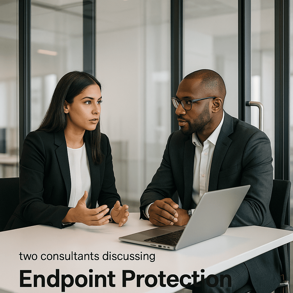 Two consultants in glass booth discussing endpoint protection strategy