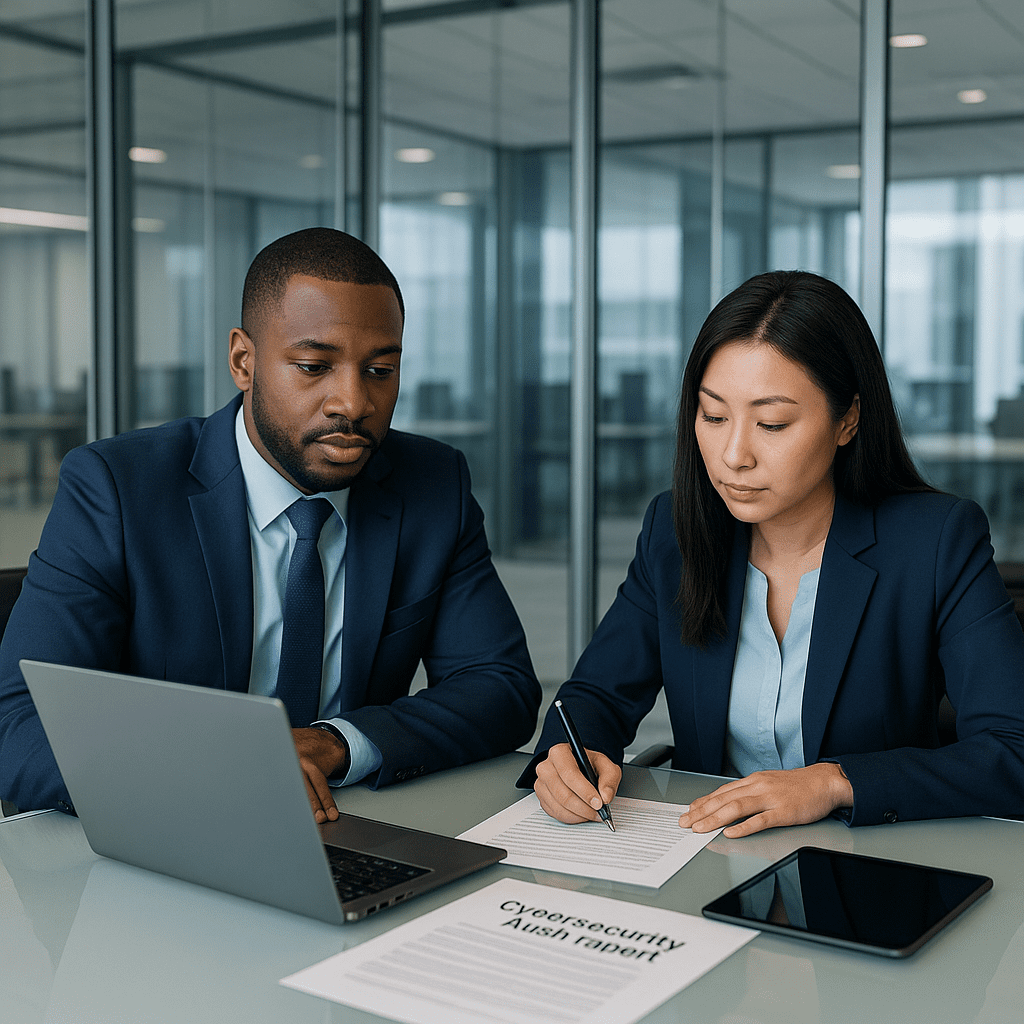 Business professionals securing data on AI chat interface
