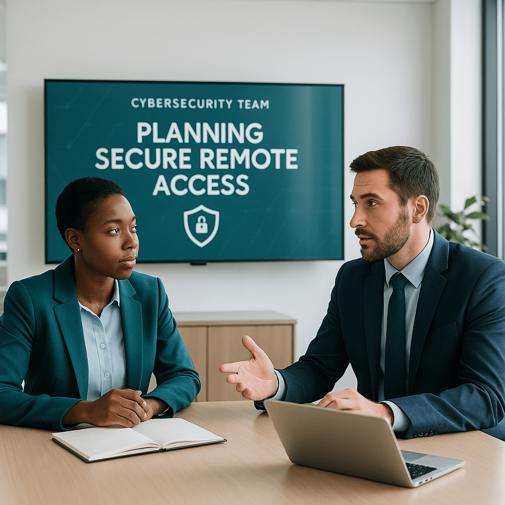 Cybersecurity team planning secure remote access in conference room