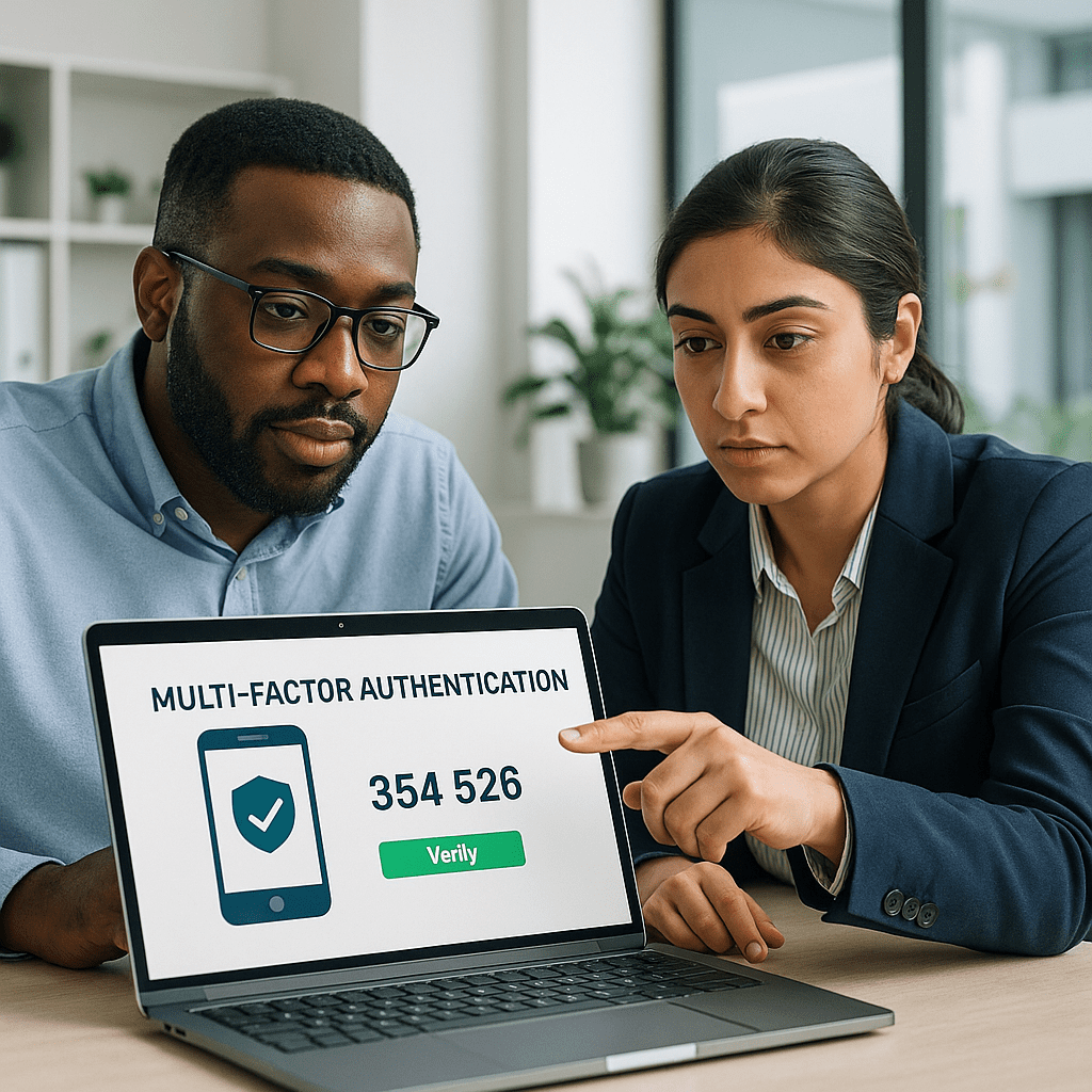 Security engineers setting up multi-factor authentication in office