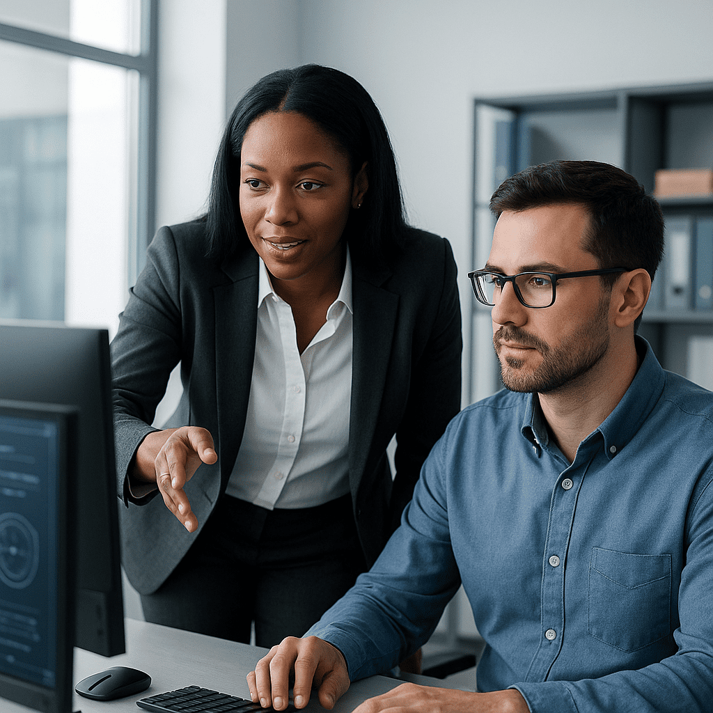 Female tech lead mentoring analysts in office under natural light
