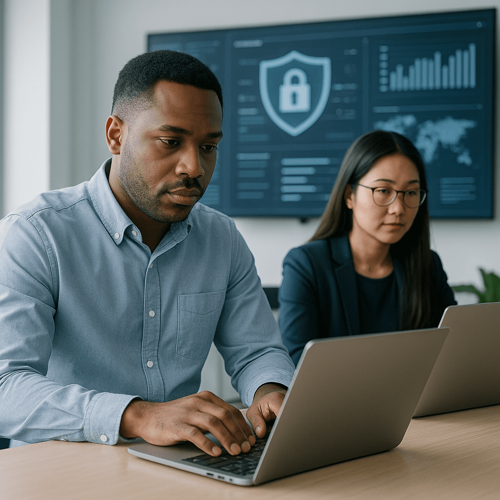 Cybersecurity analyst working on laptop in modern tech office