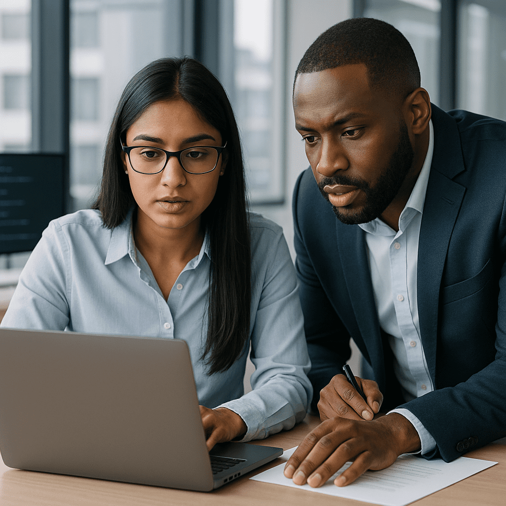 Business professional concerned over AI phishing email on laptop screen