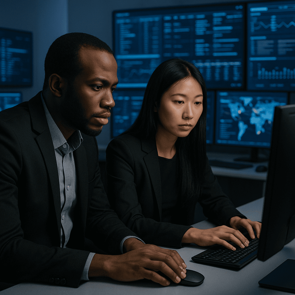 Professional cybersecurity analyst team at work in high-tech office