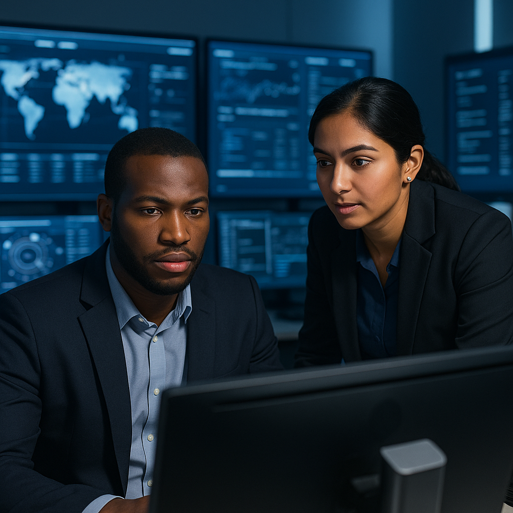 Cybersecurity professional monitoring AI threat detection dashboard in SOC environment