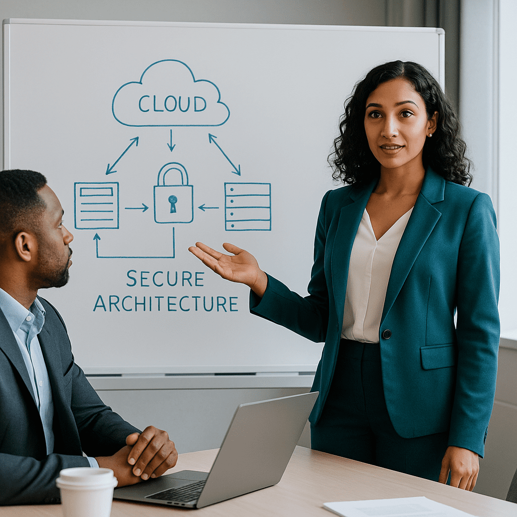 Business team reviewing cybersecurity compliance reports in modern office