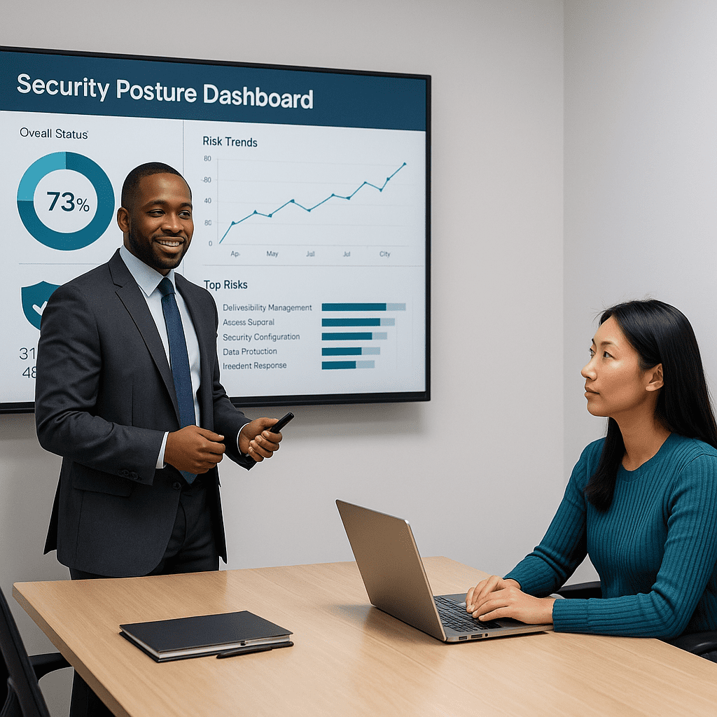 Business professionals analyzing Edge AI security risks on screen
