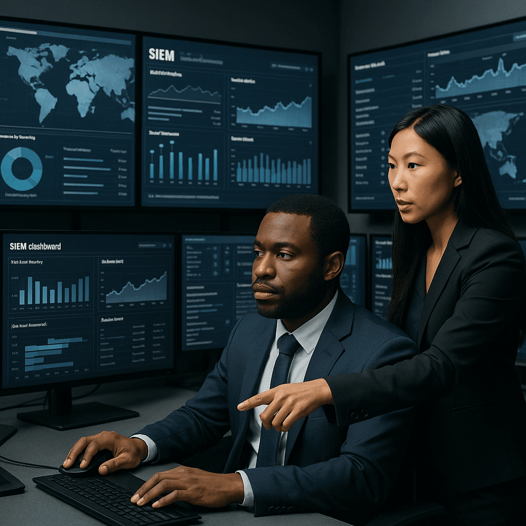 Multicultural team configuring SIEM dashboards in a SOC