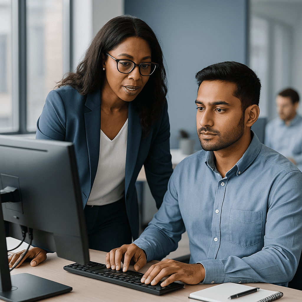 Female tech lead mentoring security analysts in modern office