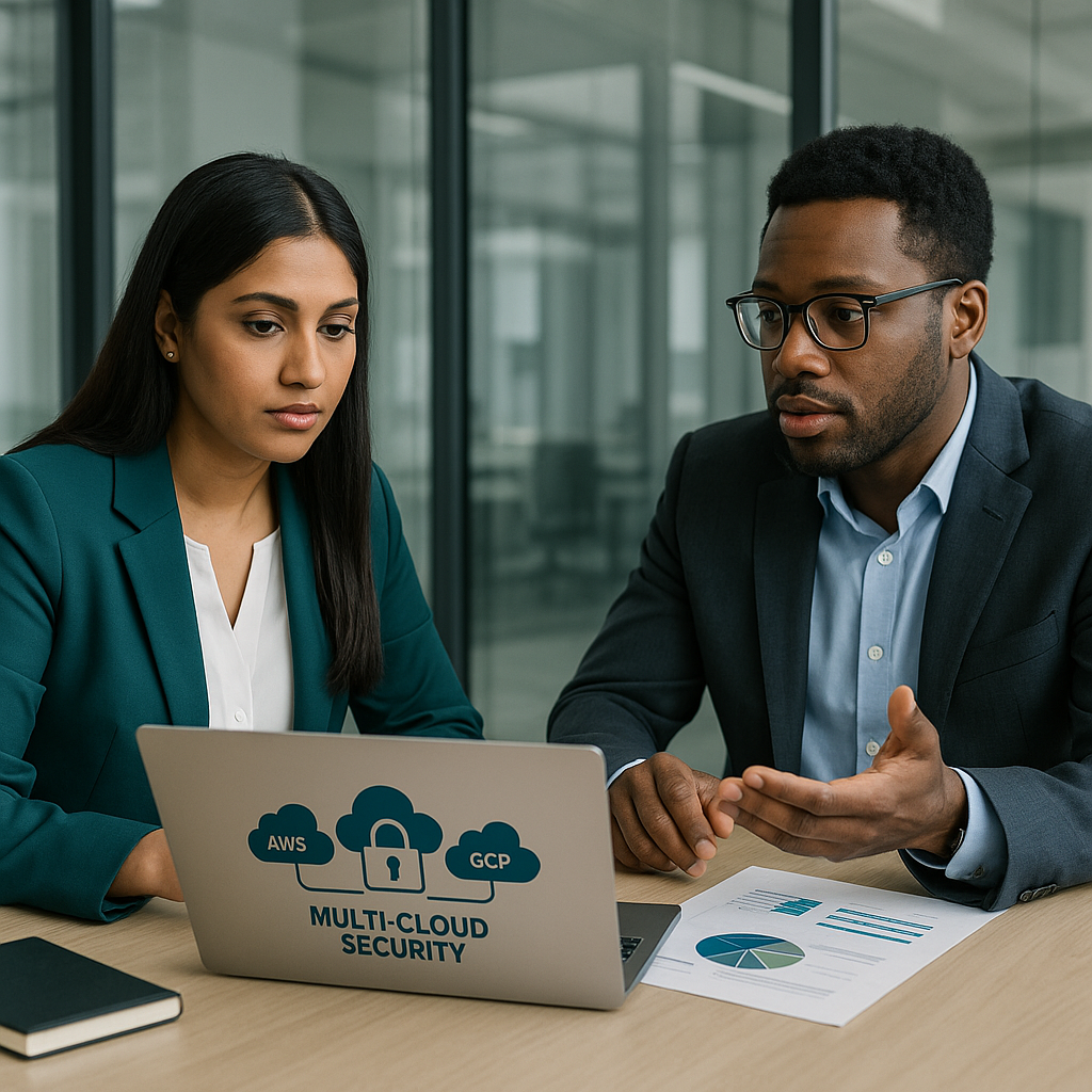 Cybersecurity expert analyzing multi-cloud data on large screen