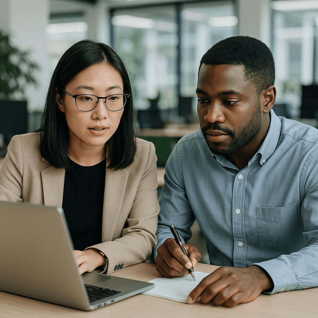 Top Cybersecurity Jobs for Women in Tech Two cybersecurity specialists draft policy updates in modern office