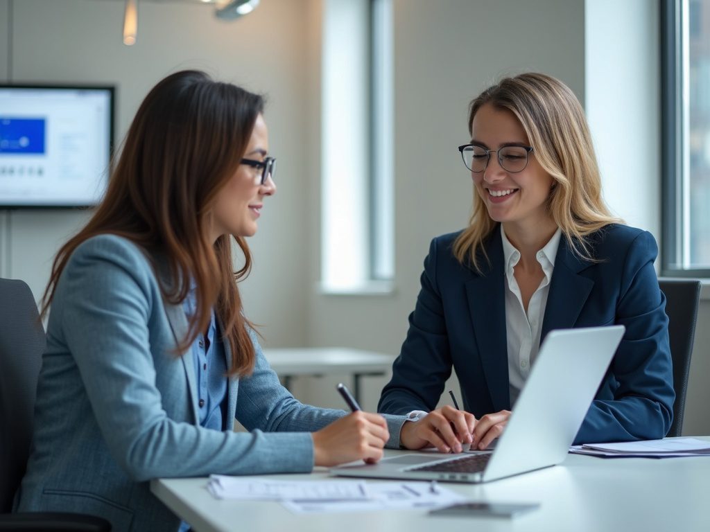 Female tech lead mentoring security analysts in modern office