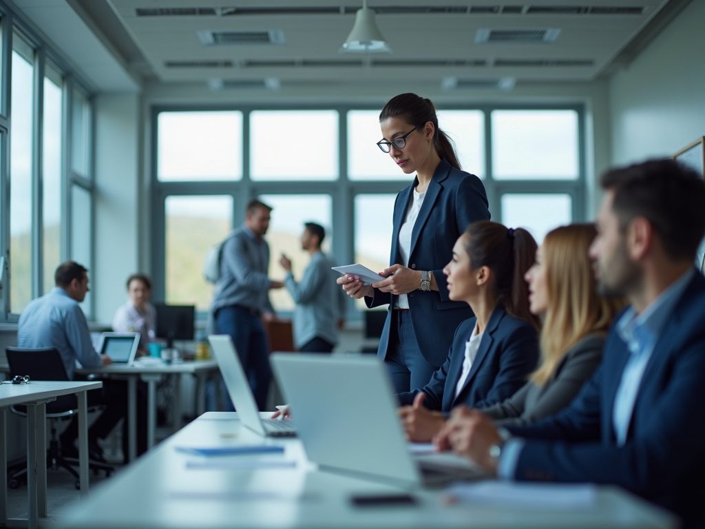 Female tech lead mentoring security analysts in modern office