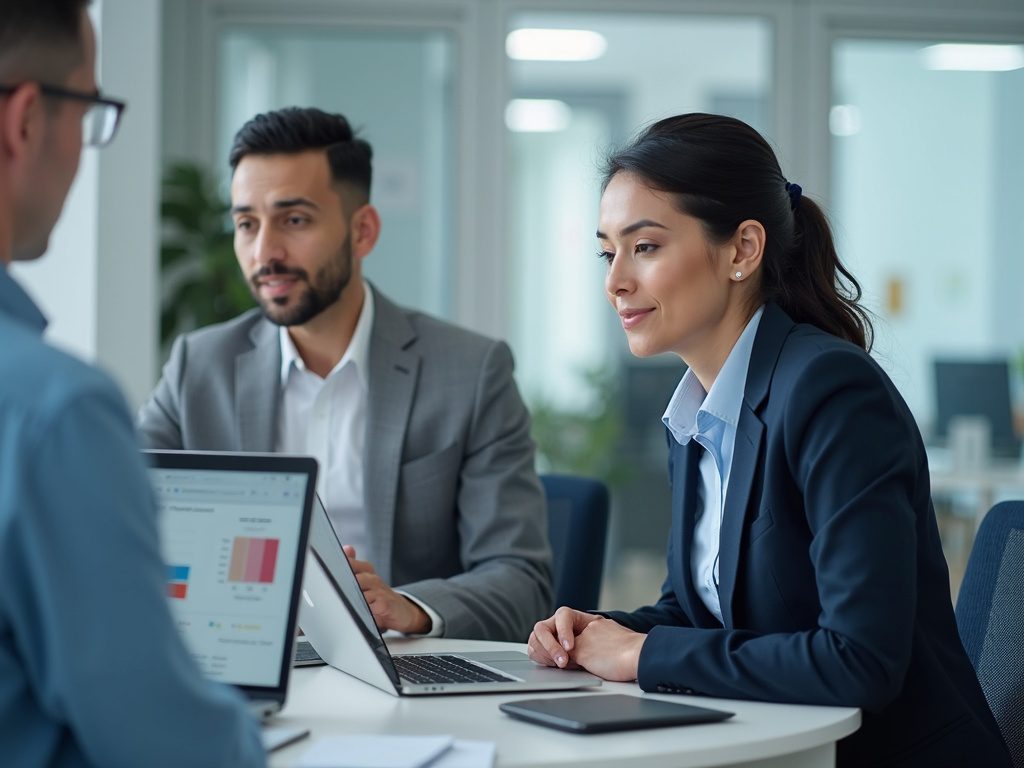 Female tech lead mentoring cybersecurity analysts in office