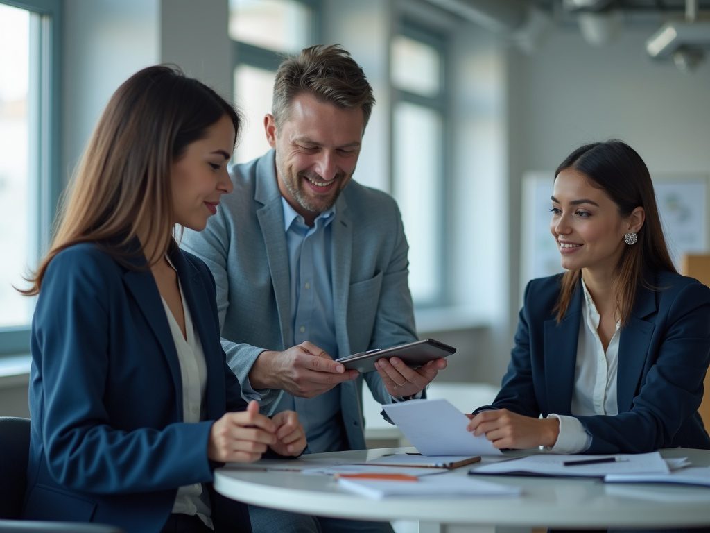 Female tech lead mentors team of security analysts in office setting