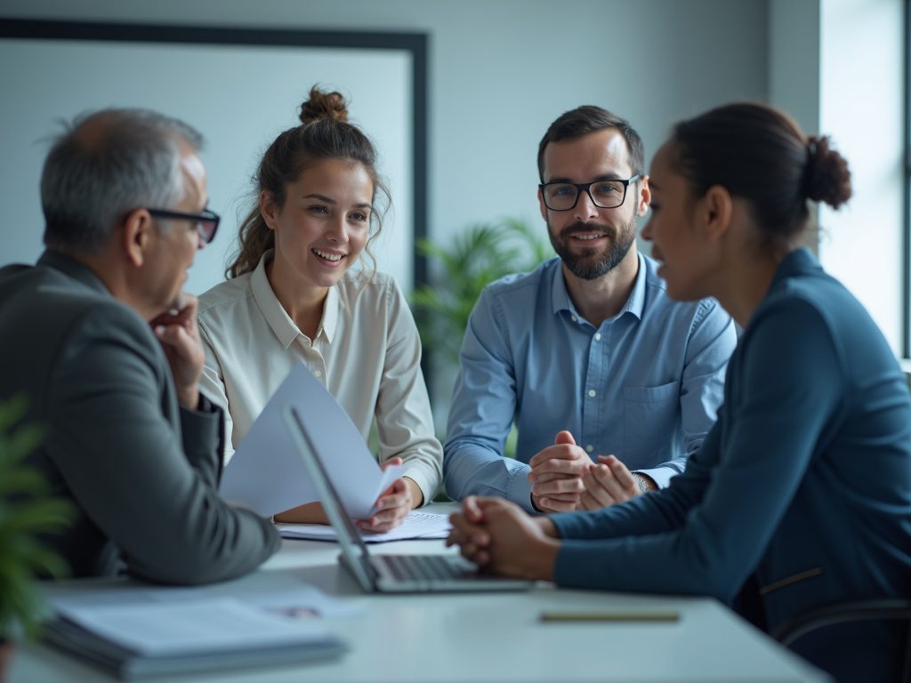 Female tech lead mentoring security analysts in modern office