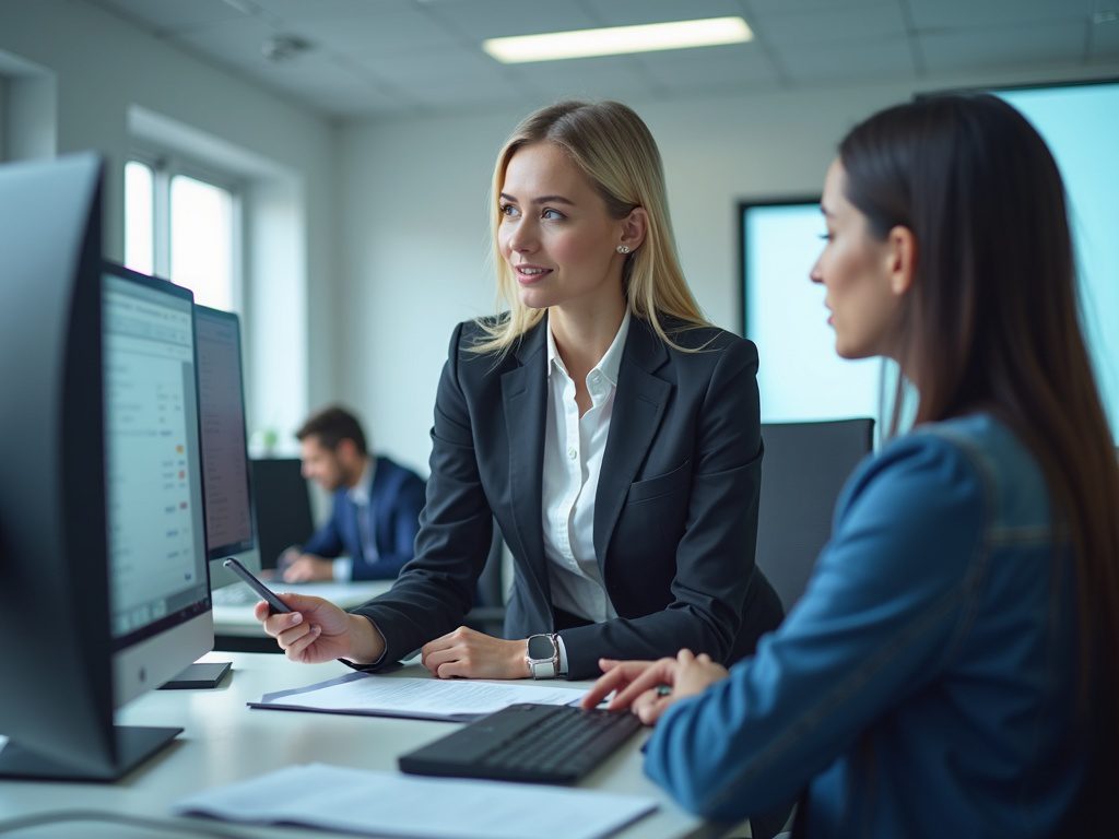 Female tech lead mentoring security analysts in modern team office