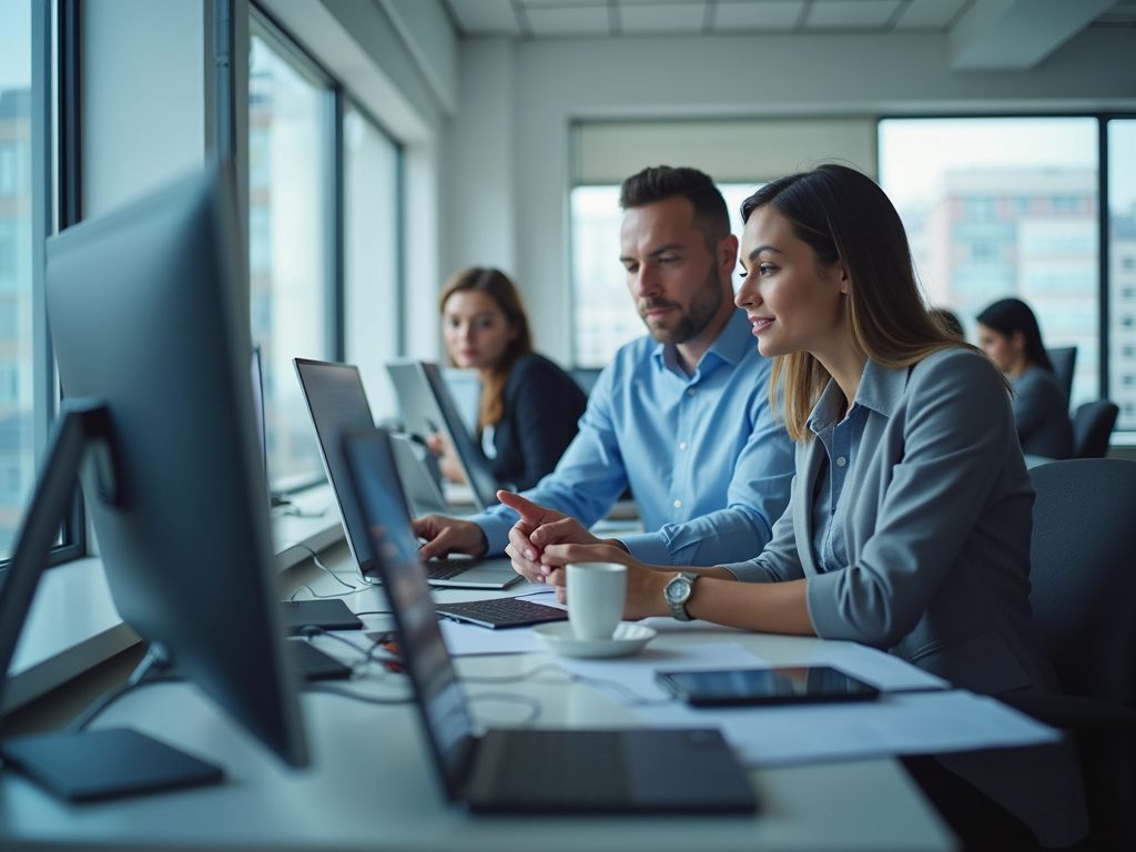 Female tech lead guiding security analysts in modern office