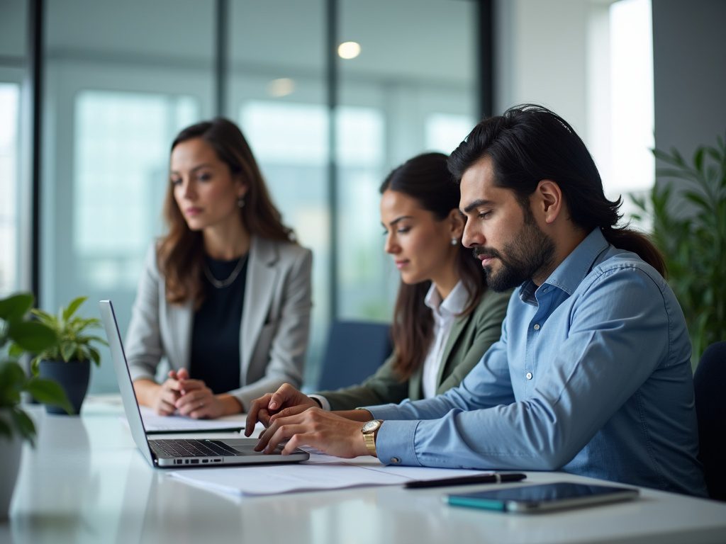 Female tech lead mentoring security analysts in a modern office