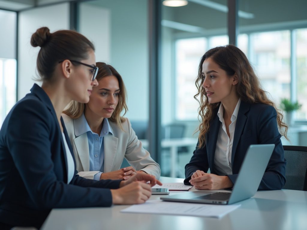 Female tech lead mentoring security analysts in modern office