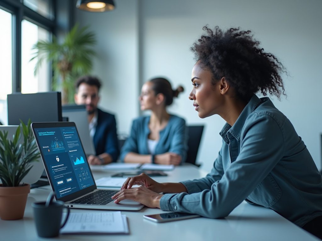 Female tech lead mentors cybersecurity analysts in office setting