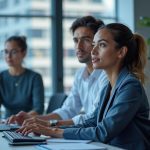 Female tech lead mentoring security analysts in office setting